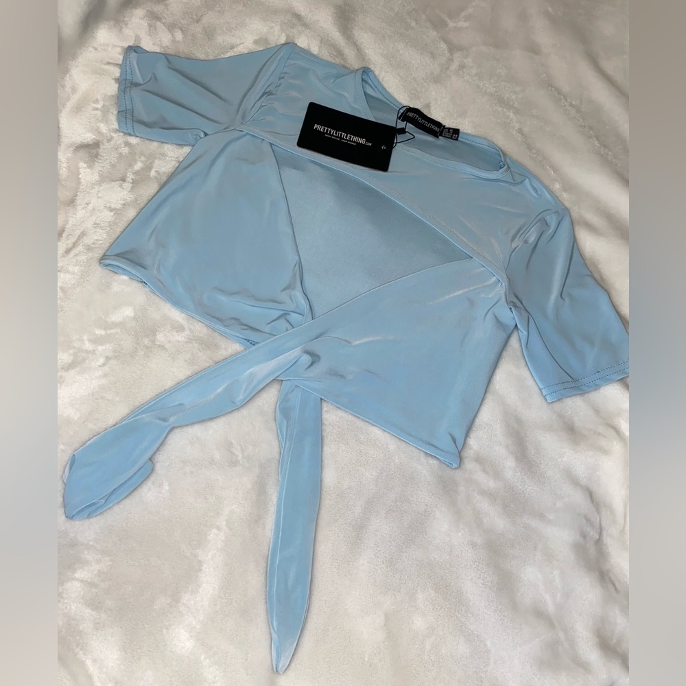 Baby Blue Slinky Cut Out Tie Crop